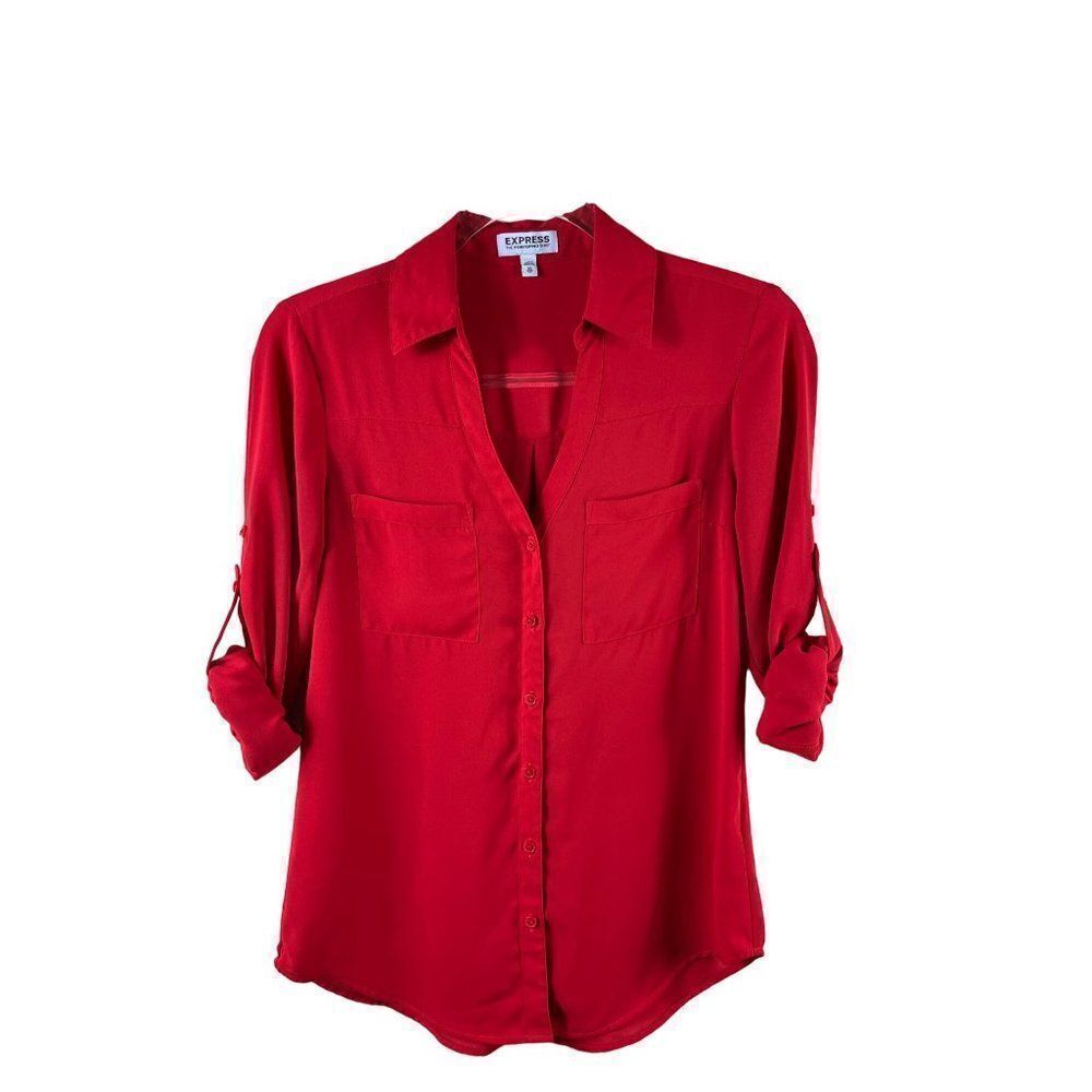 Express the Portofino Button Down Collared Chiffon Shirt Size XS Red Career Work